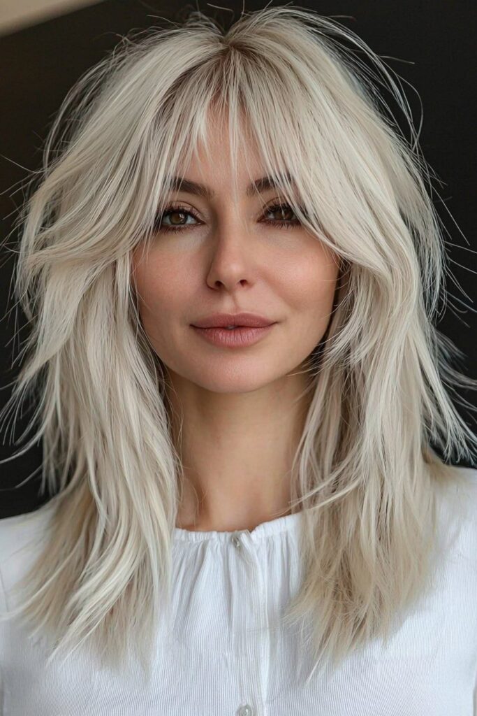 Platinum blonde long hair wolf cut with dramatic layering and texture