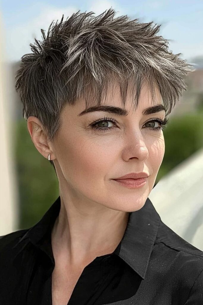 Sharp razor-cut undercut edgy choppy pixie cut over 50.