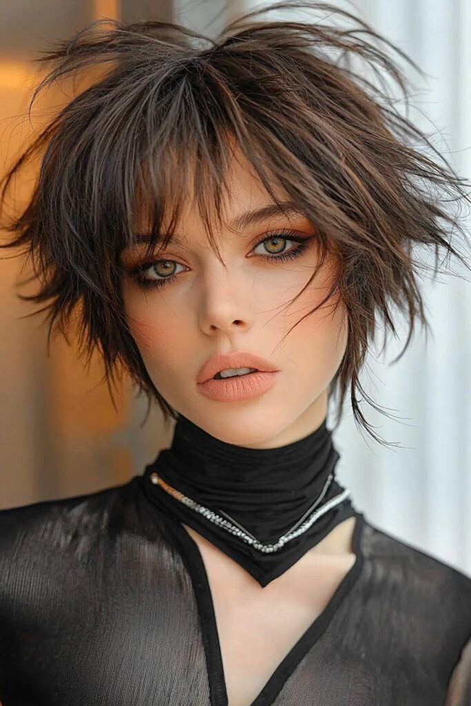 Sharp and sleek razor-layered wolf cut hairstyle.