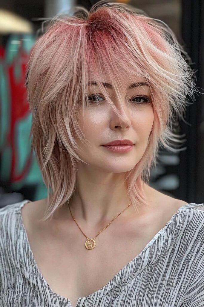 Rose gold blonde wolf cut blending vibrant and elegant tones.