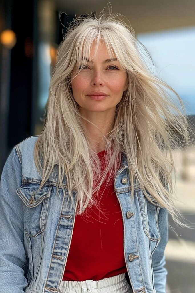 Layered sandy blonde wolf cut for a relaxed, natural vibe.