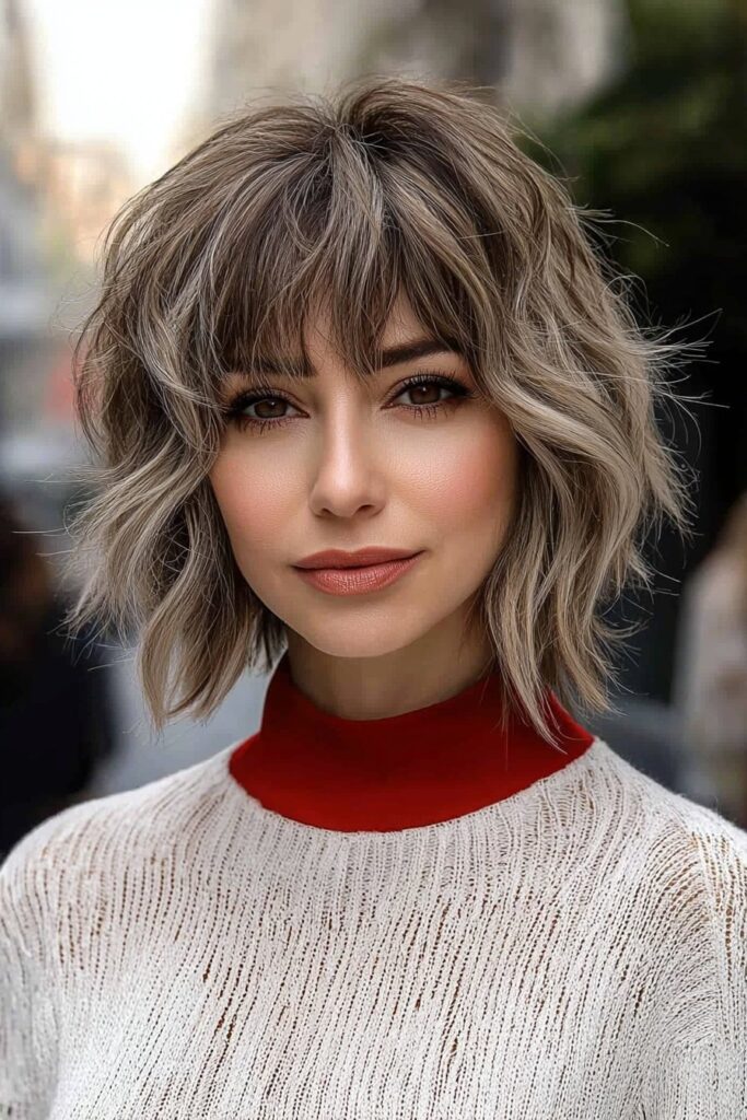 Bold medium shaggy bob over 60 Full bangs create stunning impact