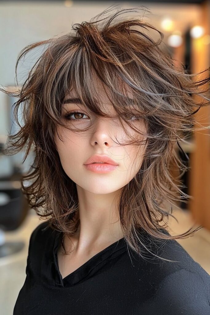 Shaggy and carefree layered wolf cut with wispy layers.