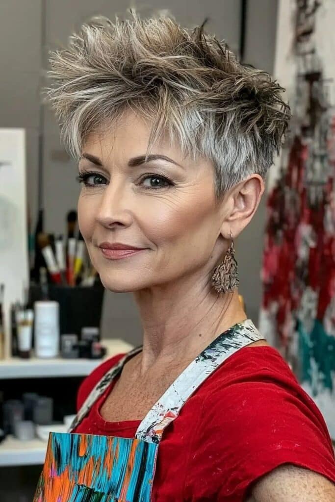 Shaggy short undercut edgy choppy pixie cut over 50.