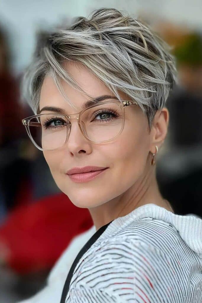 Short tapered edges for a choppy pixie cut over 50 with glasses