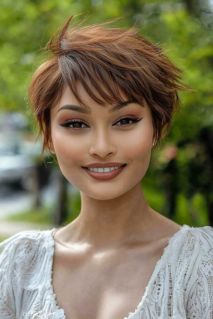 Side-swept low-maintenance choppy pixie cut over 50 hairstyle