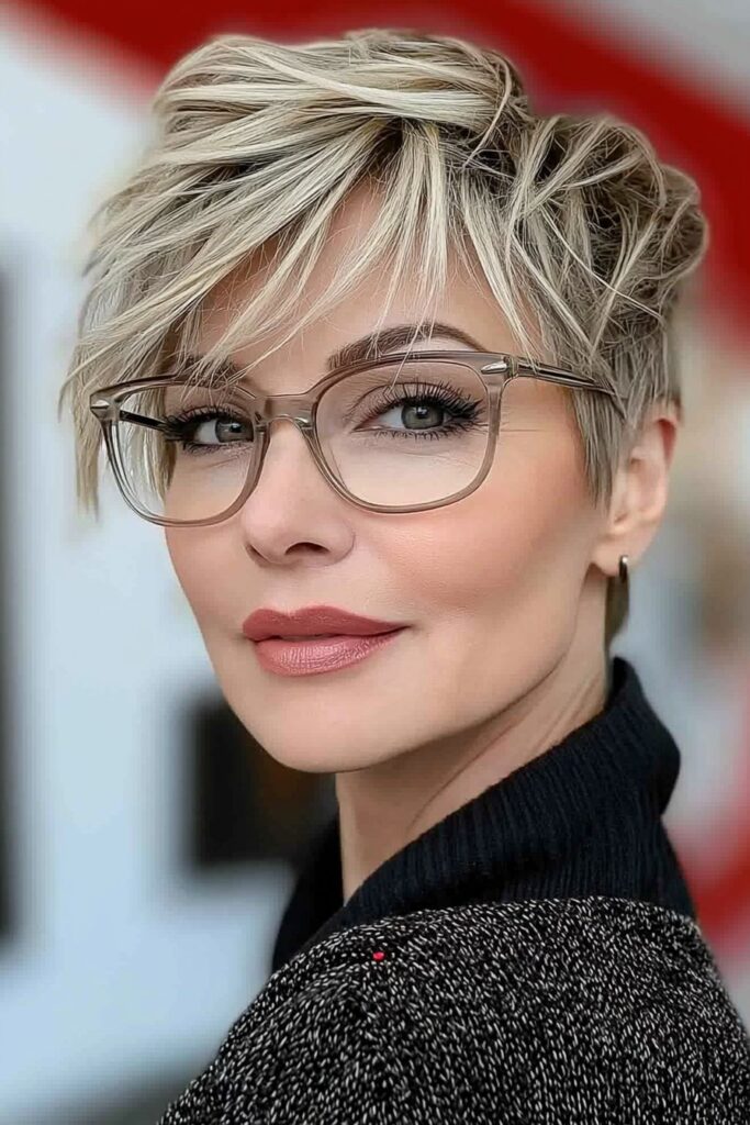 Side-swept bangs add charm to a choppy pixie cut over 50 with glasses.