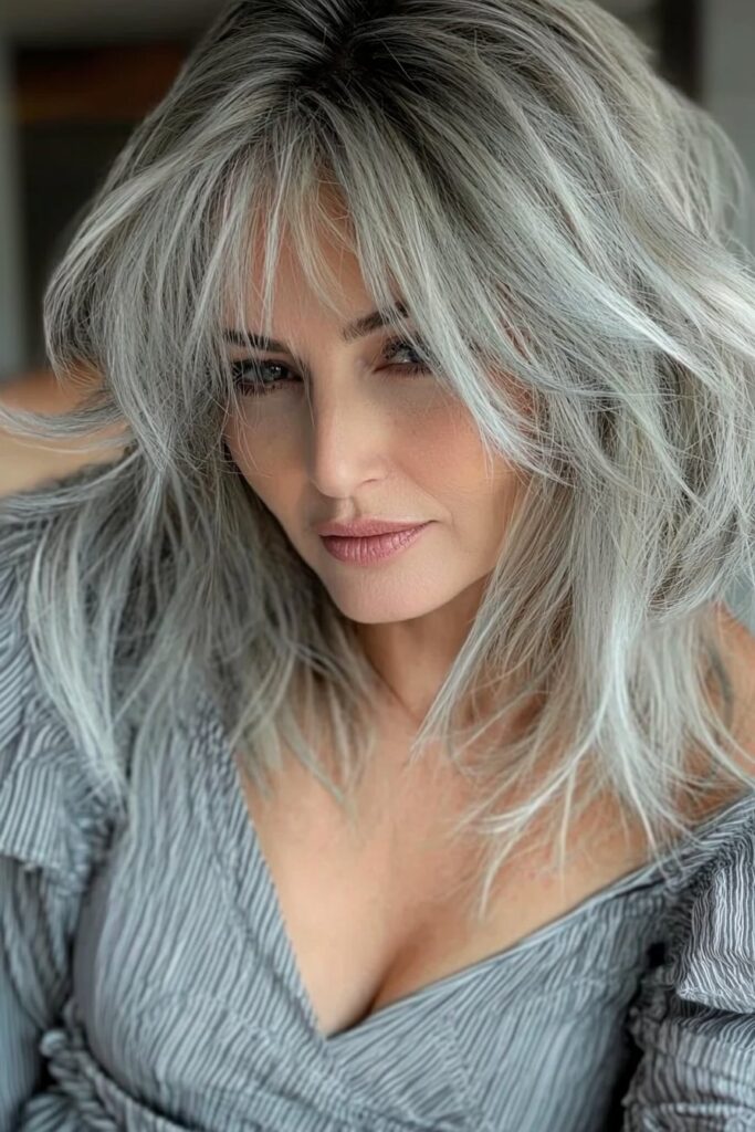 Striking silver blonde wolf cut perfect for sleek modern trends.