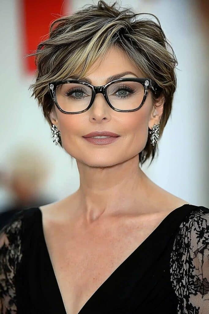 Sleek finish on a stylish choppy pixie cut over 50 with glasses.