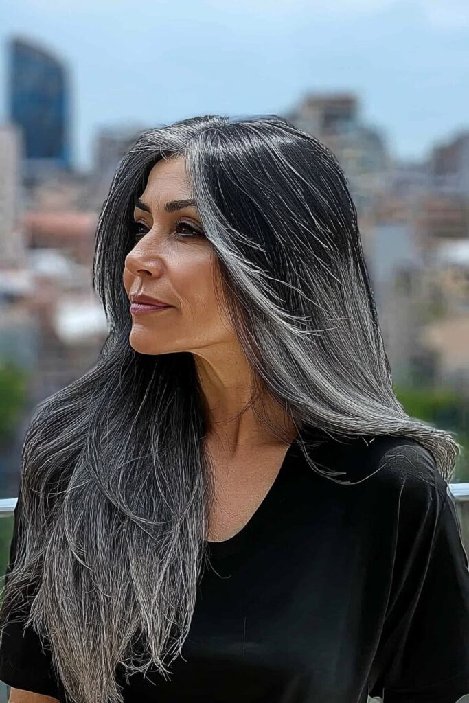 Sleek long wolf cut straight hair design.