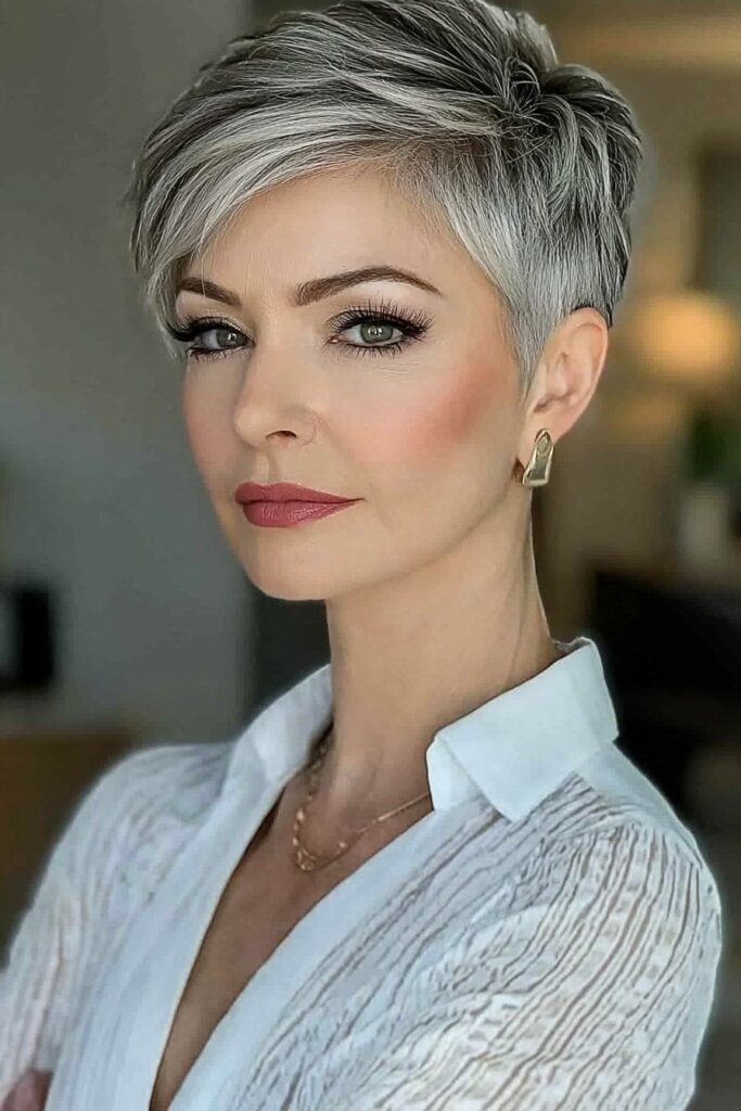 Sleek and refined undercut edgy choppy pixie cut over 50.