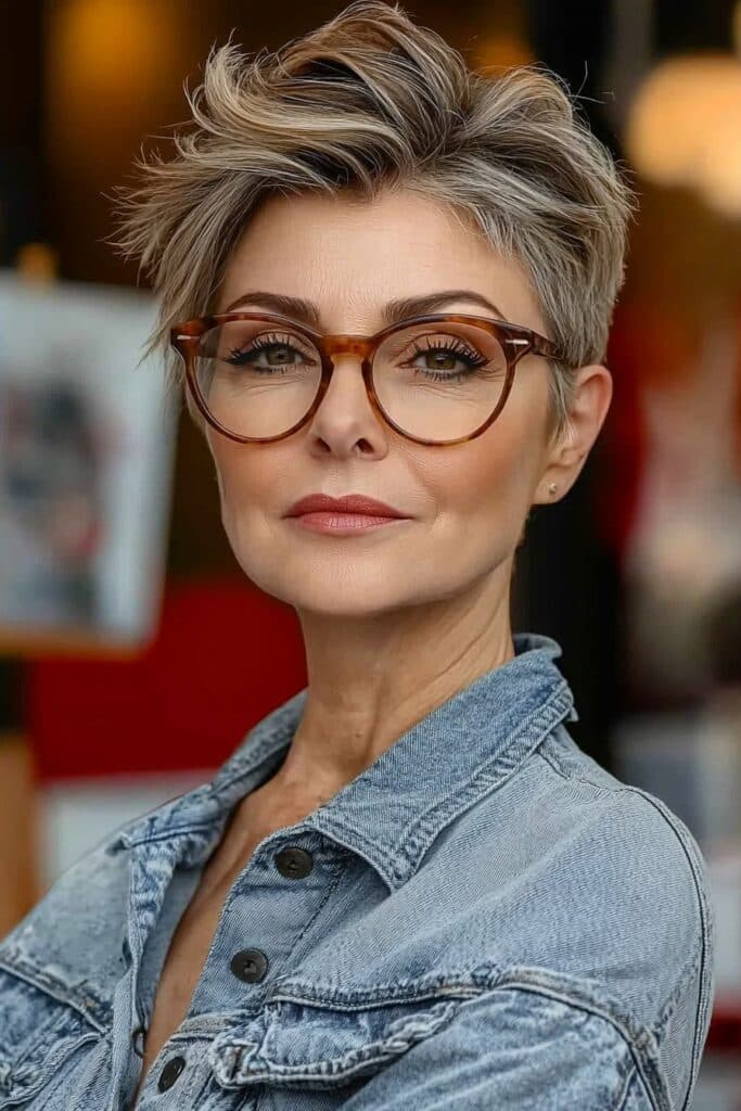 Soft shaggy style as a choppy pixie cut over 50 with glasses.