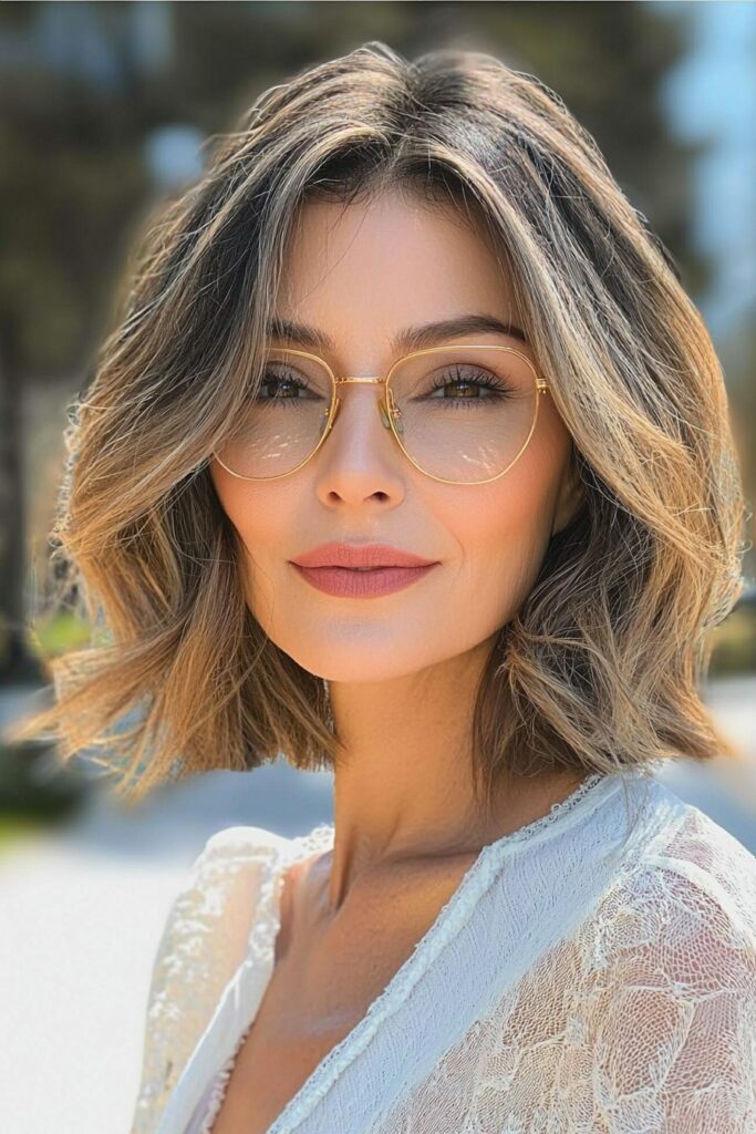 Soft wavy bob: a flattering short hairstyle for over 50 with glasses.