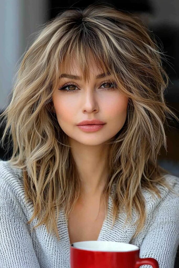 Soft wolf cut with bangs feathered for a delicate touch.