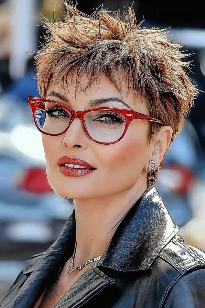 Spiky hairstyle perfect for a choppy pixie cut over 50 with glasses.