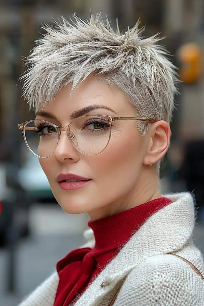 Edgy spiky pixie: daring short hairstyle for over 50 with glasses.
