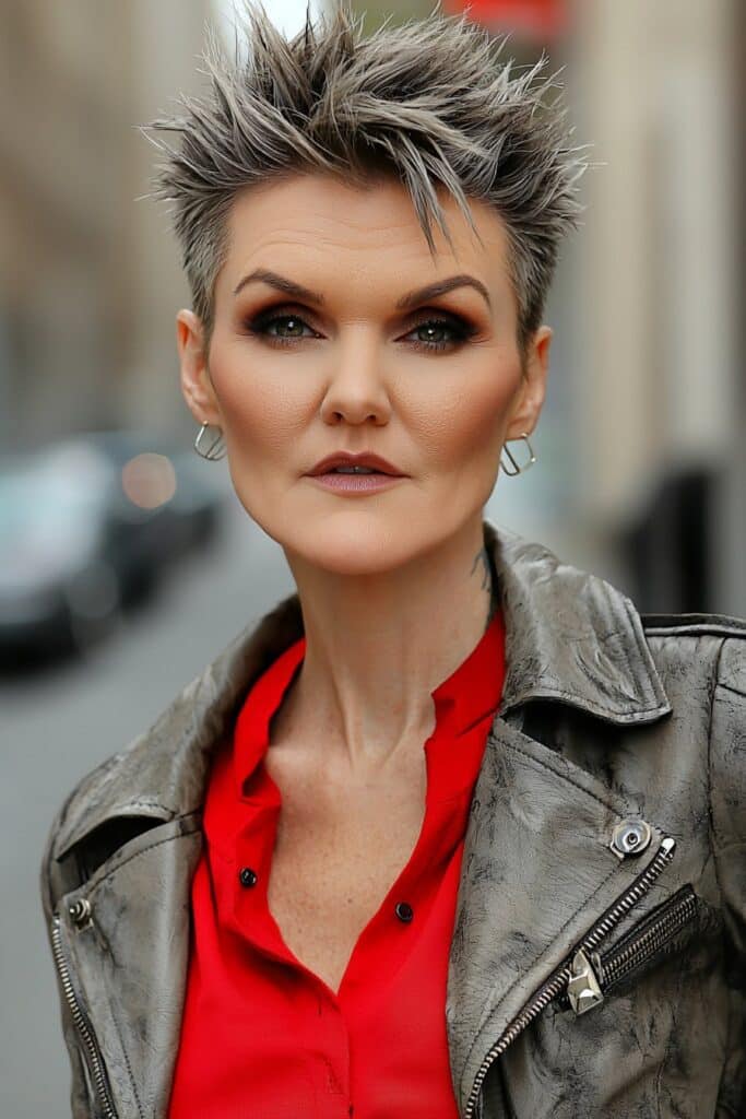 Spiky textured low-maintenance choppy pixie cut over 50
