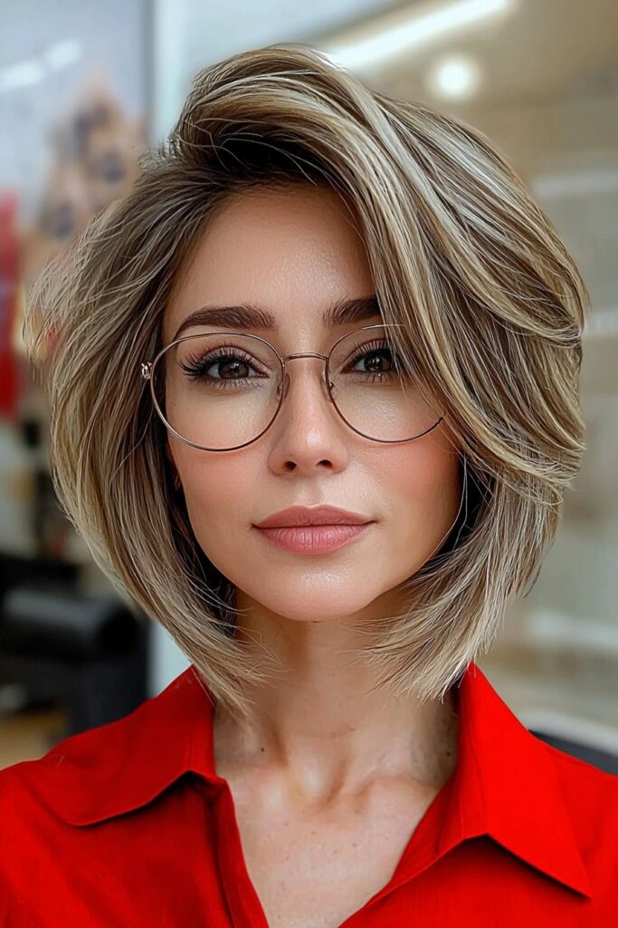Stacked bob with soft highlights: youthful short hairstyle for over 50 with glasses.