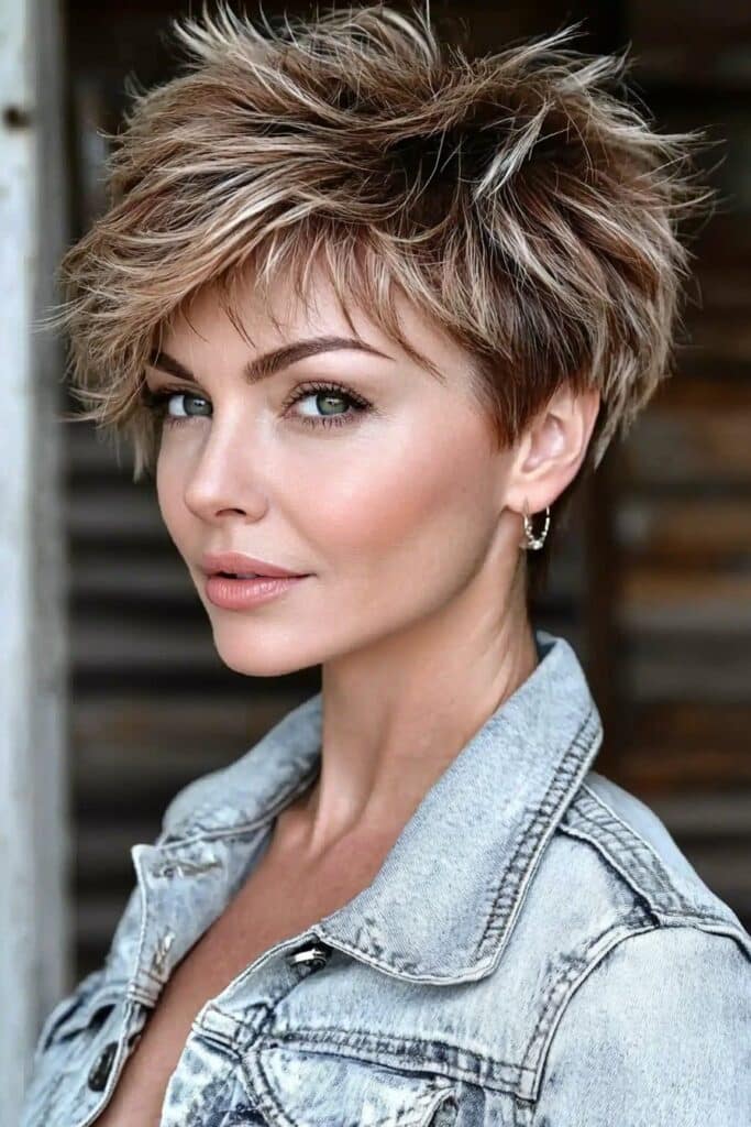 Stacked undercut edgy choppy pixie cut over 50 for volume.