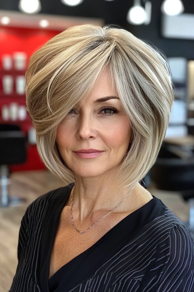 Stacked layered bob hairstyles for fine hair over 60