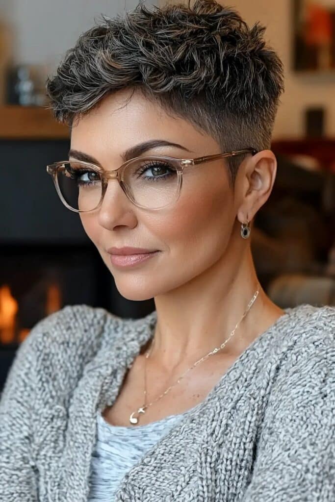 Sophisticated tapered pixie: sleek short hairstyle for women over 50 with glasses.