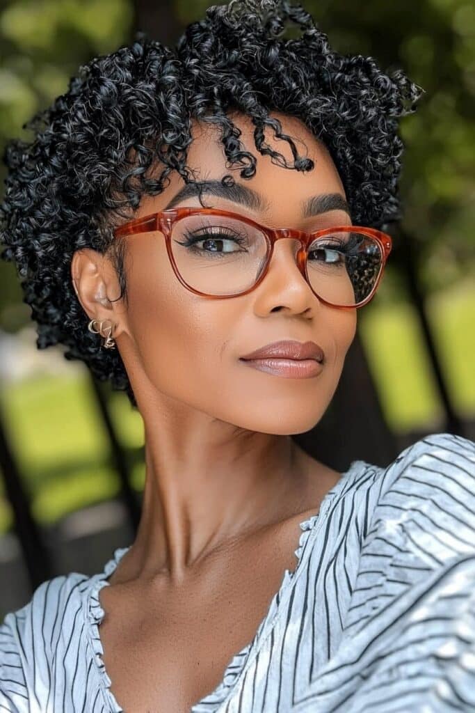 Natural teeny weeny afro: short hairstyle for over 50 with glasses with flair