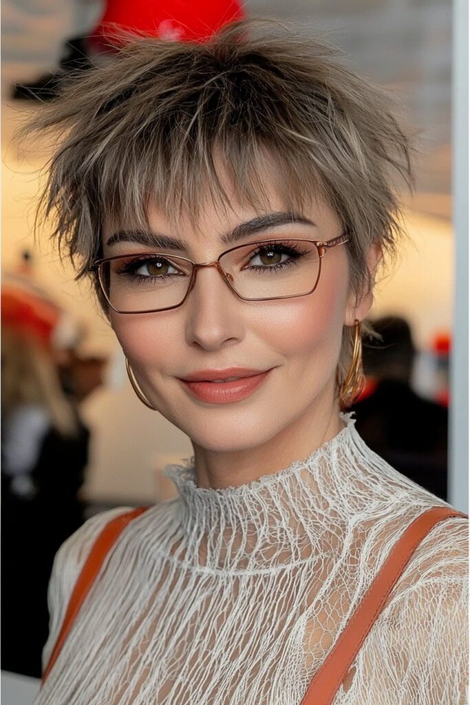 Modern textured crop: a trendy short hairstyle for over 50 with glasses