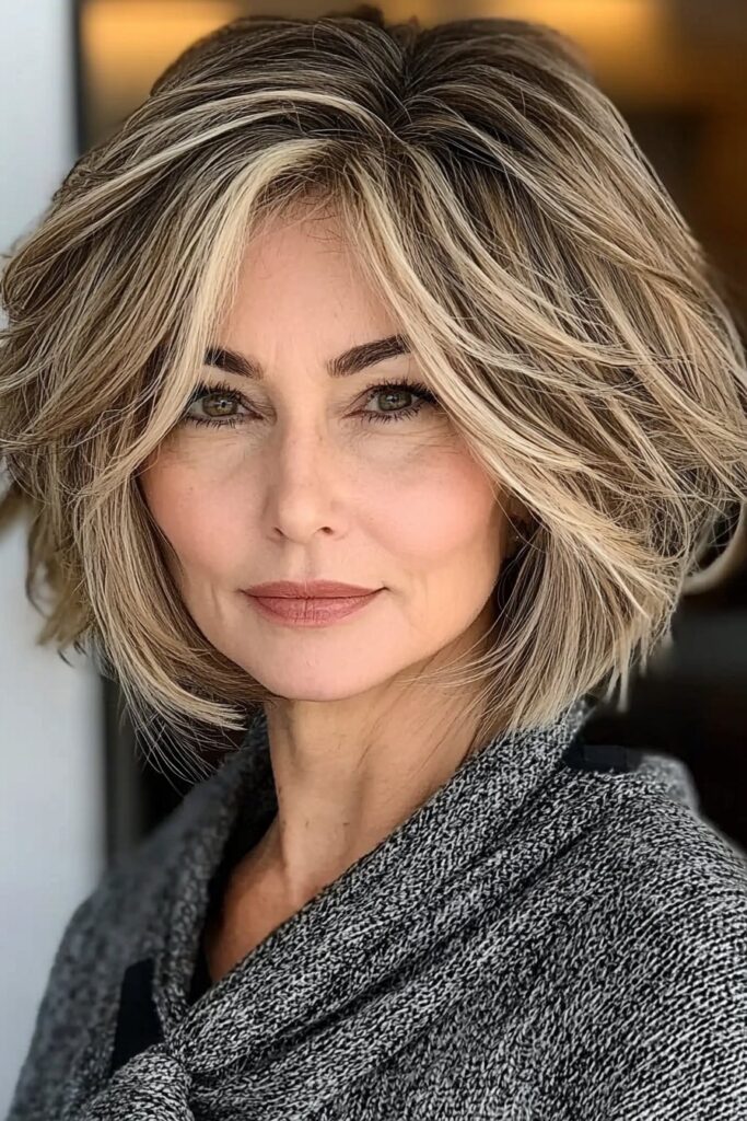 Textured crown layered bob hairstyles for over 60 women