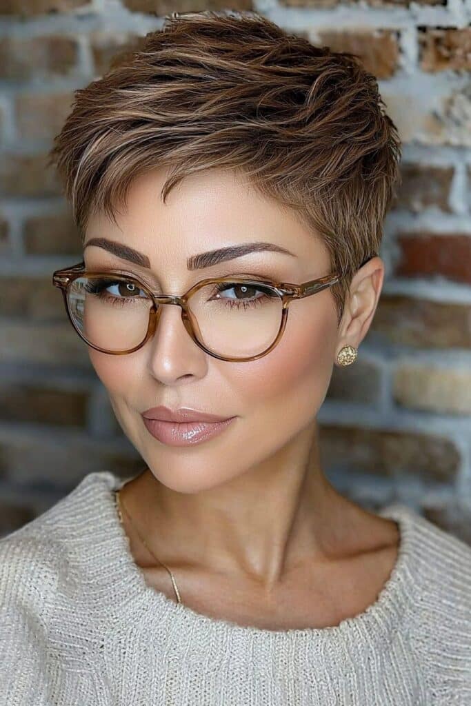 Trendy textured pixie: effortless short hairstyle for over 50 with glasses