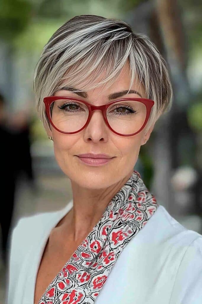 Textured pixie bob styled as a choppy pixie cut over 50 with glasses