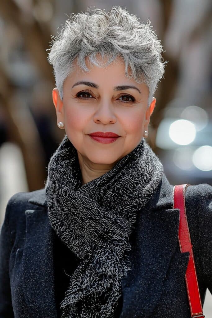 Textured salt-and-pepper low-maintenance choppy pixie cut over 50