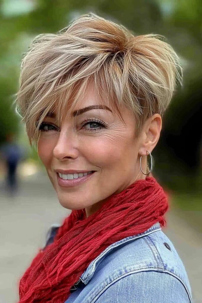 Textured undercut edgy choppy pixie cut over 50 for dimension.