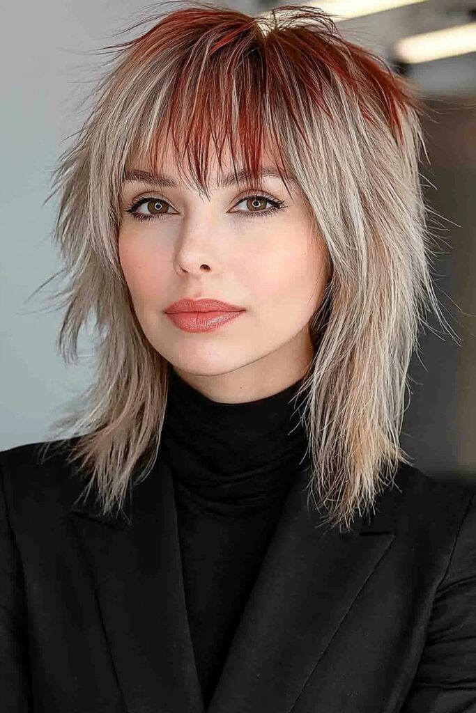 Textured wolf cut with bangs styled bluntly for boldness.