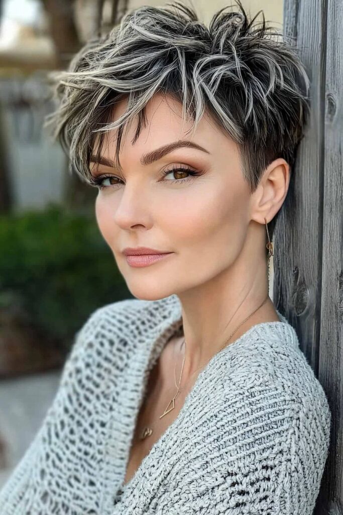 Tousled undercut edgy choppy pixie cut over 50 for fine hair.