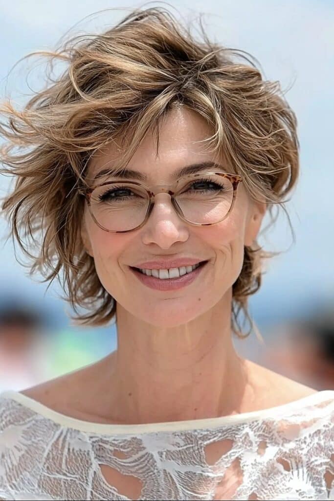 Relaxed tousled crop: care-free short hairstyle for over 50 with glasses