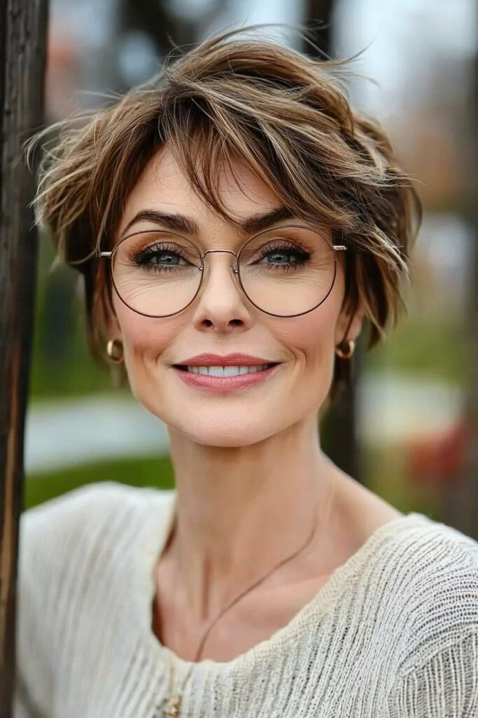 Tousled fringe complements a choppy pixie cut over 50 with glasses