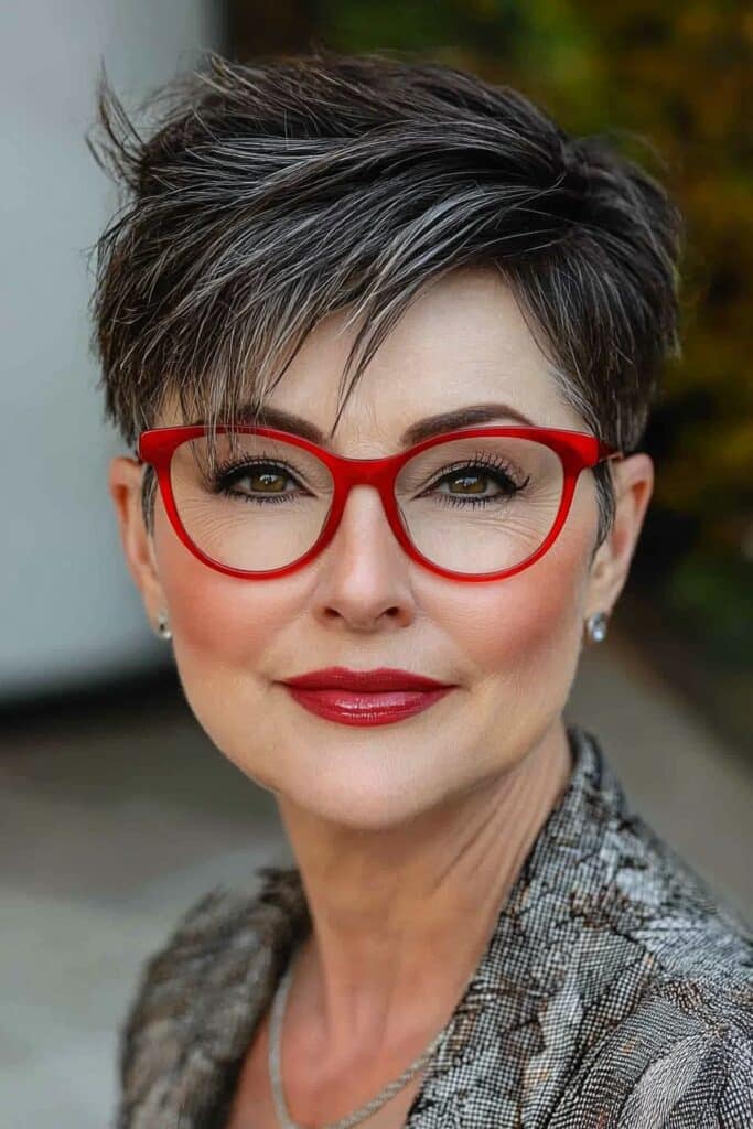 Edgy undercut for a modern choppy pixie cut over 50 with glasses