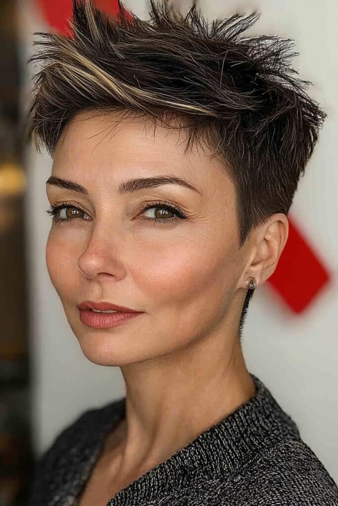 Side-design undercut edgy choppy pixie cut over 50 look.