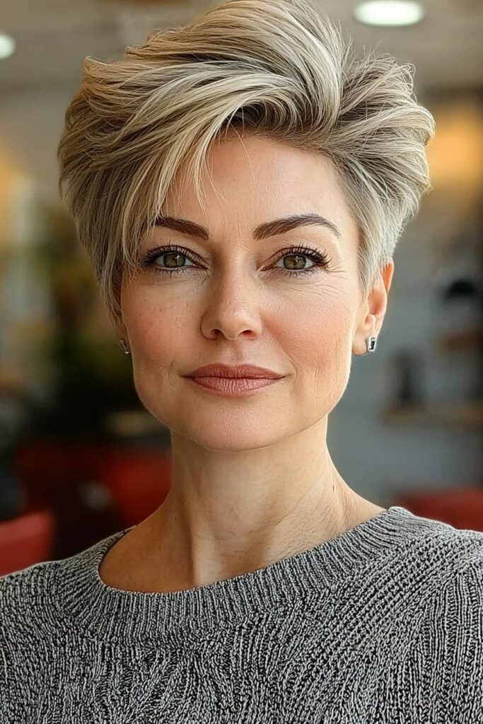 Volume-boosted undercut edgy choppy pixie cut over 50 hairstyle.