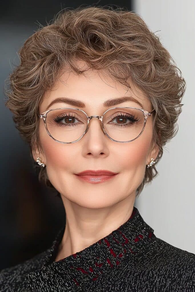 Voluminous crop with height: dynamic short hairstyle for over 50 with glasses