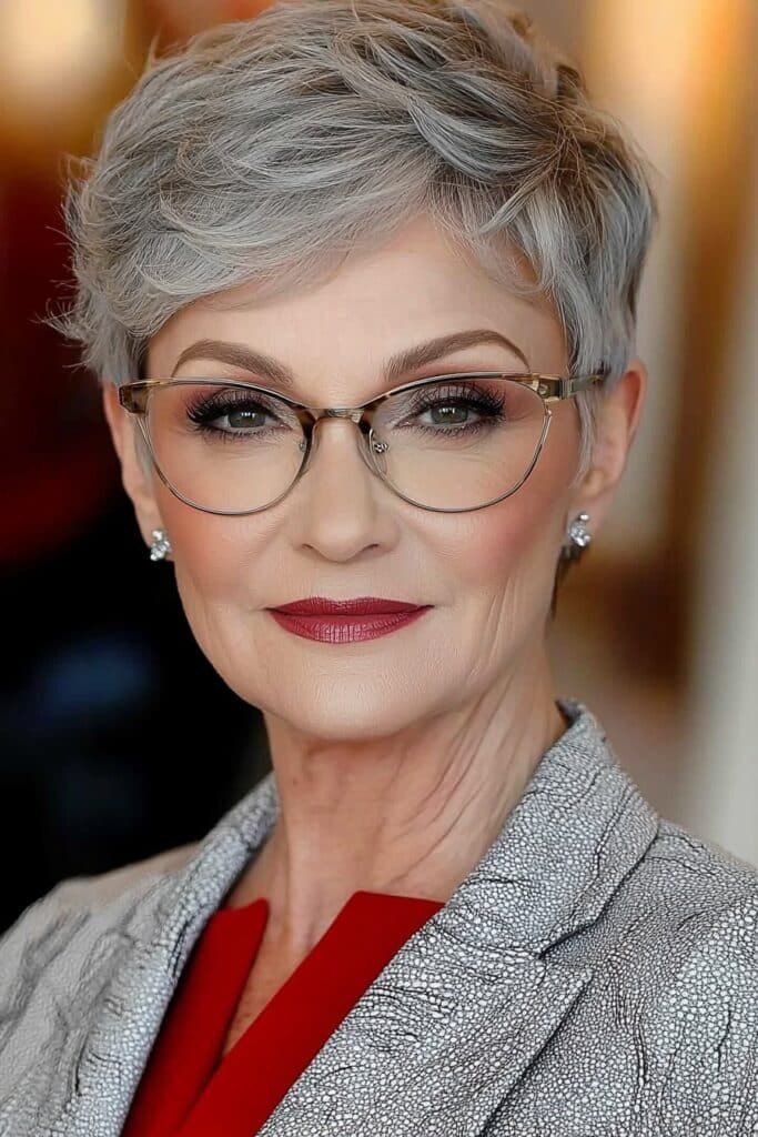 Voluminous design for a stunning choppy pixie cut over 50 with glasses.