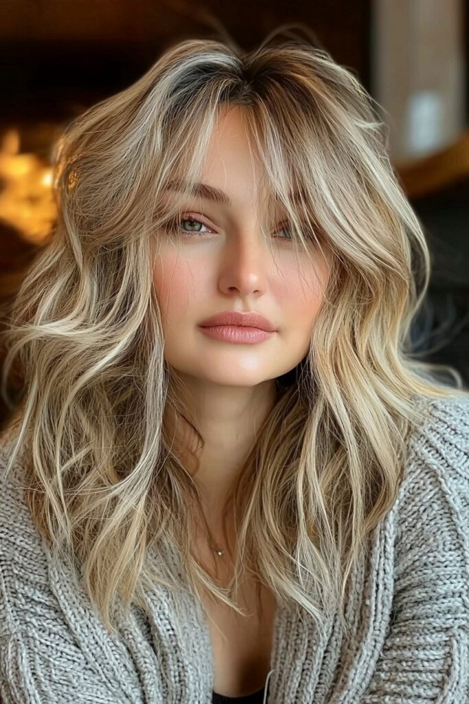 Warm blonde wolf cut featuring soft feathered layers.