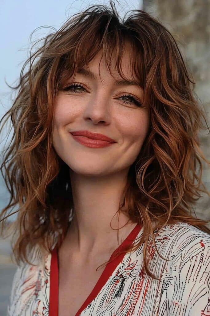 Wavy wolf cut with bangs in a choppy, textured style.