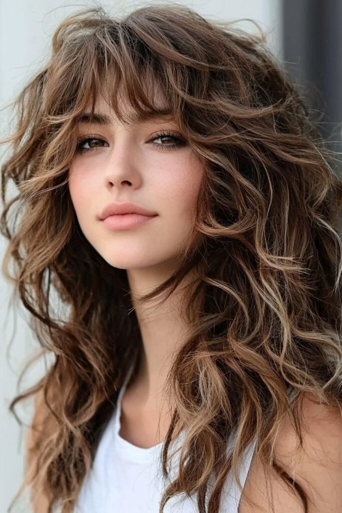 Dreamy wavy layered wolf cut with face-framing layers.