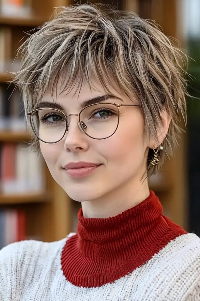 Wispy pixie cut: soft and delicate short hairstyle for over 50 with glasses.