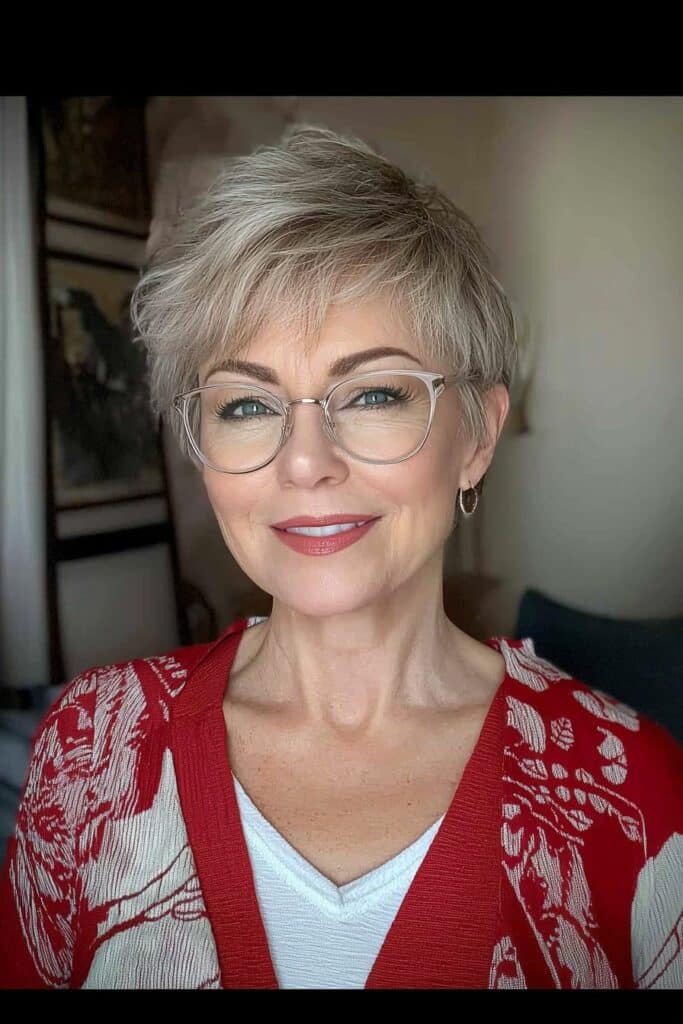 Wispy bangs highlight a stylish choppy pixie cut over 50 with glasses.