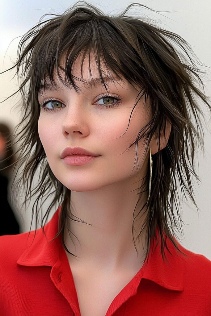 Playful layered wolf cut accented by bold baby bangs.