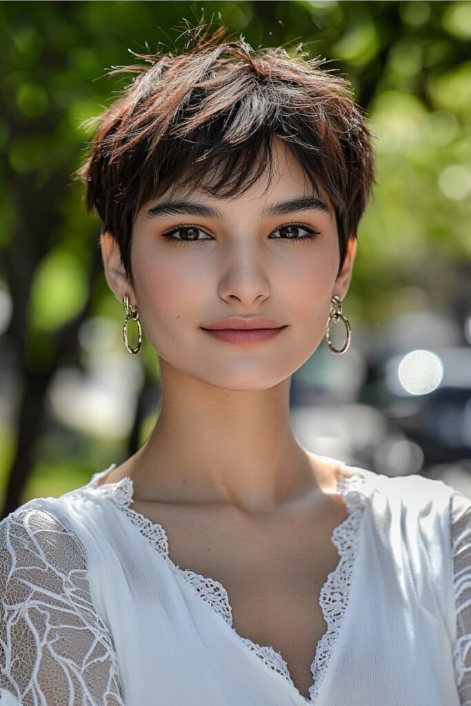 Face-framing low-maintenance choppy pixie cut over 50 style