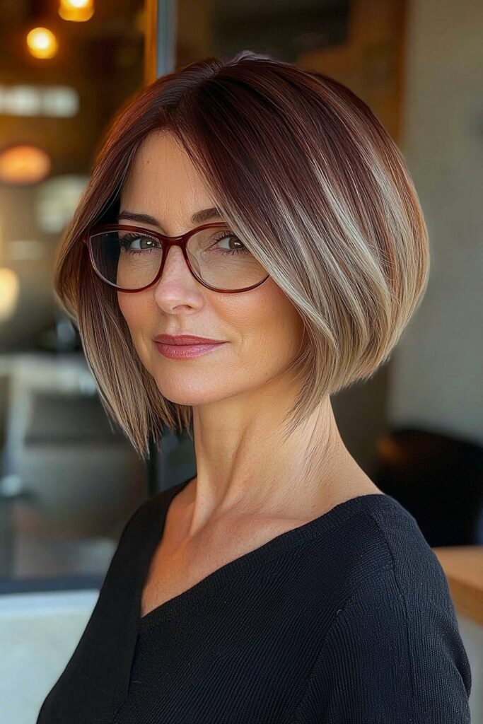 Stylish inverted bob: a dramatic short hairstyle for over 50 with glasses