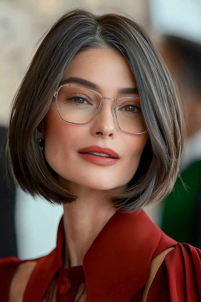 Timeless sleek bob: polished short hairstyle for over 50 with glasses